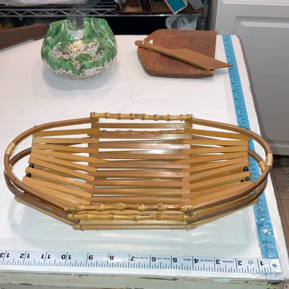 Holiday Bread Baskets Set/2 Mid Century Rattan Baskets W/ Black Beads & Handles